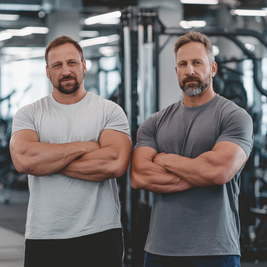 Confident middle-aged white ukranian men supporting each other at modern gym