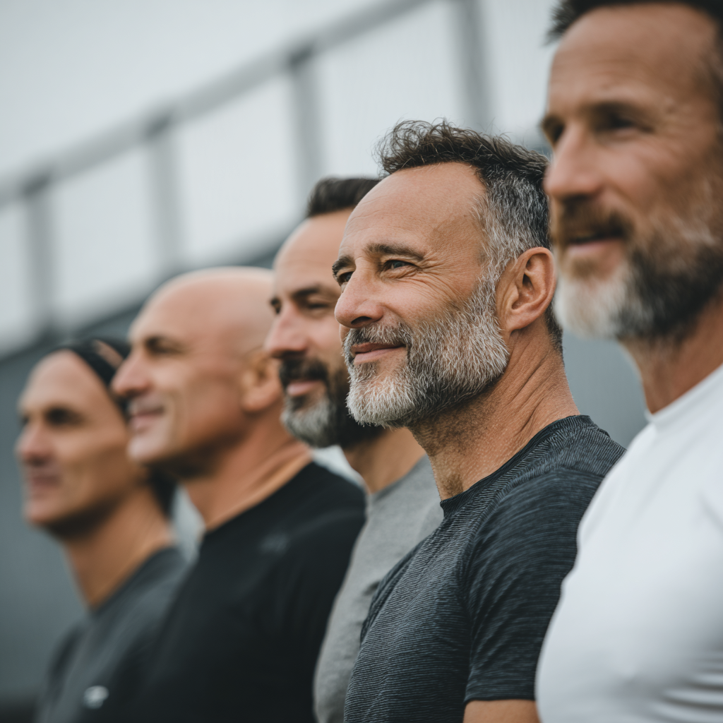 group of motivated middle-aged men after successful workout session