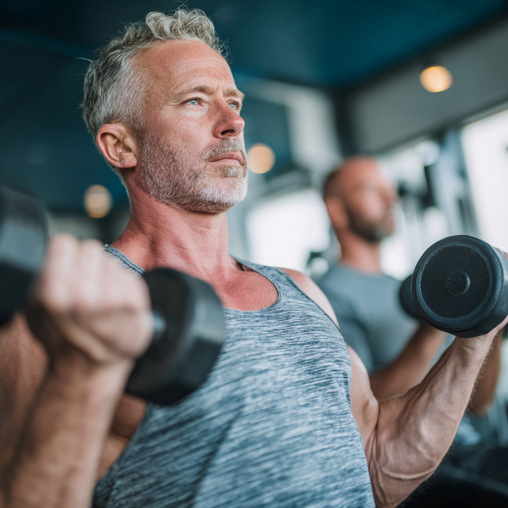 middle-aged men during strength training session in modern gym